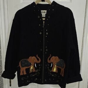 Lisa International 100% Boiled Wool Black Zip Up Elephant Africa India Jacket